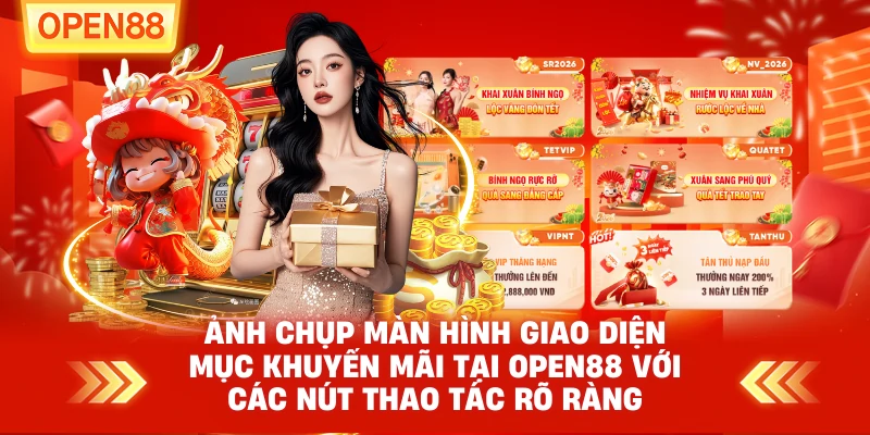 Ảnh chụp màn hình giao diện mục Khuyến mãi tại OPEN88 với các nút thao tác rõ ràng