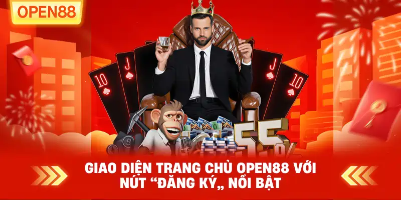 Giao diện trang chủ OPEN88 với nút “Đăng ký” nổi bật